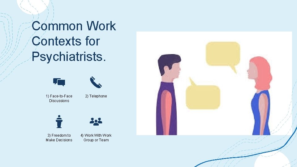 Common Work Contexts for Psychiatrists. 1) Face-to-Face Discussions 2) Telephone 3) Freedom to Make