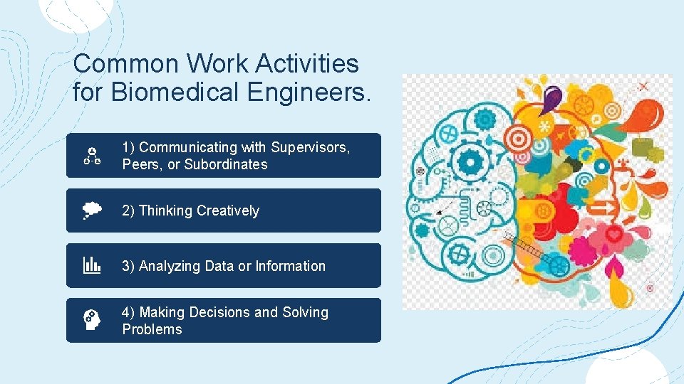 Common Work Activities for Biomedical Engineers. 1) Communicating with Supervisors, Peers, or Subordinates 2)