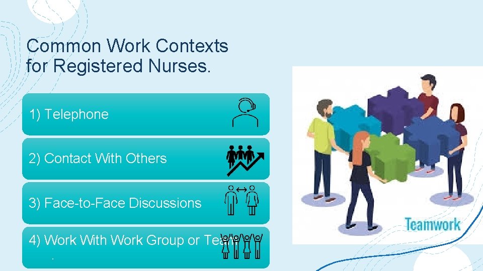 Common Work Contexts for Registered Nurses. 1) Telephone 2) Contact With Others 3) Face-to-Face