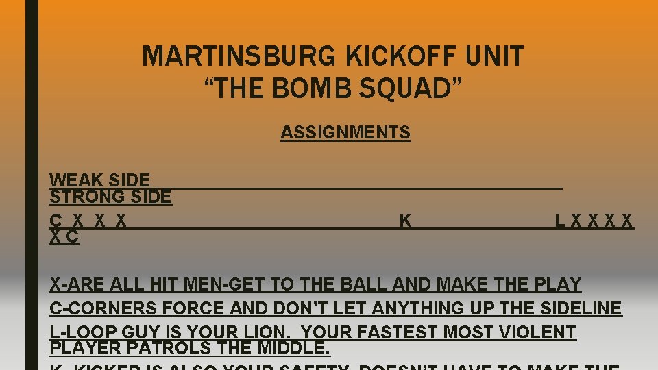 MARTINSBURG KICKOFF UNIT “THE BOMB SQUAD” ASSIGNMENTS WEAK SIDE STRONG SIDE C X XC