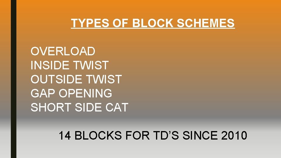 TYPES OF BLOCK SCHEMES OVERLOAD INSIDE TWIST OUTSIDE TWIST GAP OPENING SHORT SIDE CAT