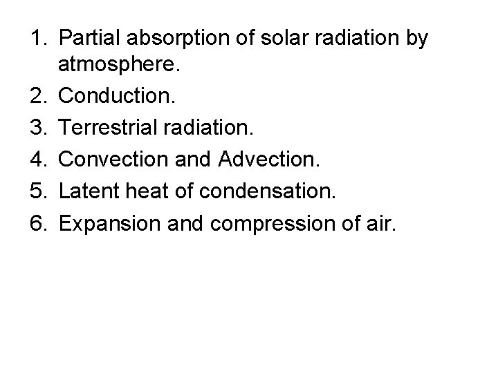 1. Partial absorption of solar radiation by atmosphere. 2. Conduction. 3. Terrestrial radiation. 4.