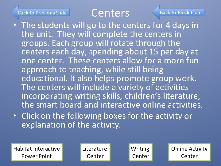 Back to Previous Slide Centers Back to Block Plan • The students will go