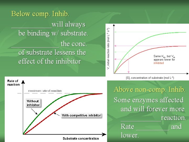 Below comp. Inhib. ______will always be binding w/ substrate. _______ the conc. of substrate