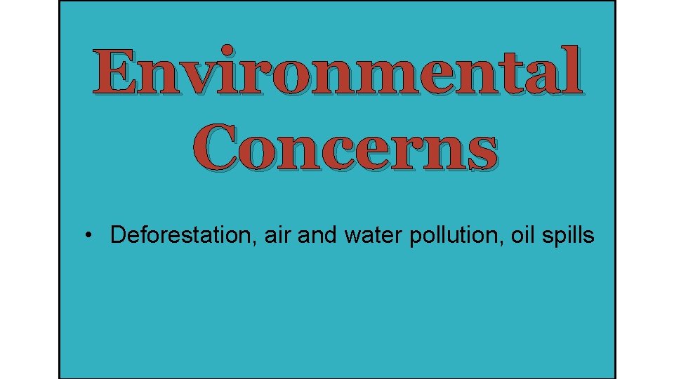 Environmental Concerns • Deforestation, air and water pollution, oil spills 