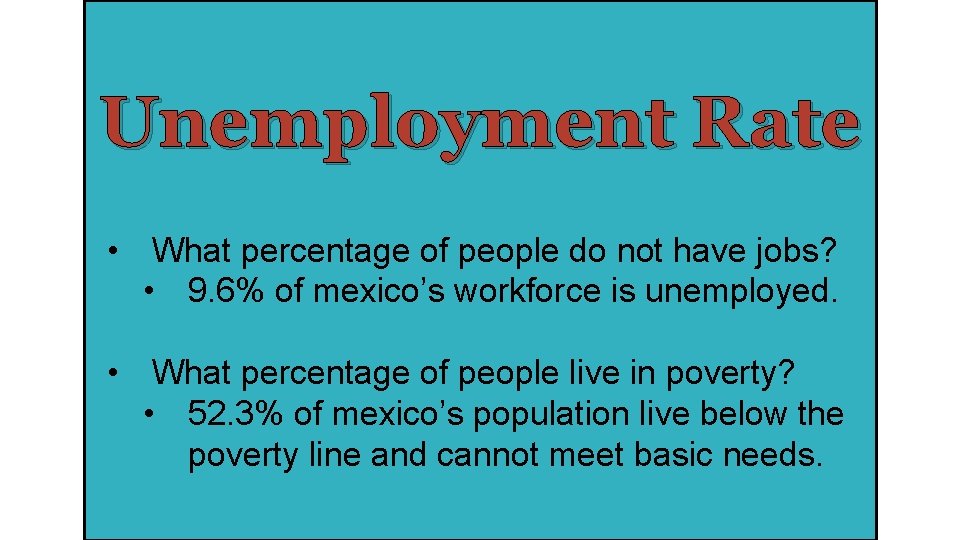 Unemployment Rate • What percentage of people do not have jobs? • 9. 6%