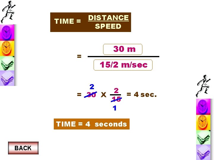TIME = = DISTANCE SPEED 30 m 15/2 m/sec 2 = 30 X 2