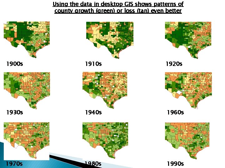 Using the data in desktop GIS shows patterns of county growth (green) or loss