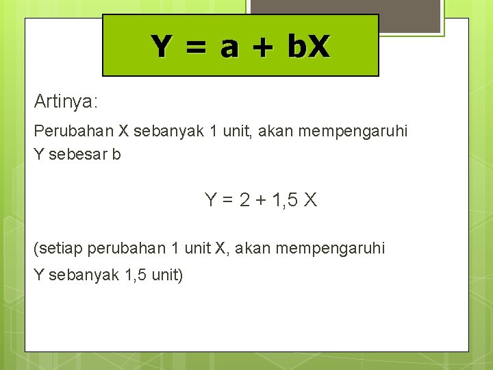Y = a + b. X Artinya: Perubahan X sebanyak 1 unit, akan mempengaruhi