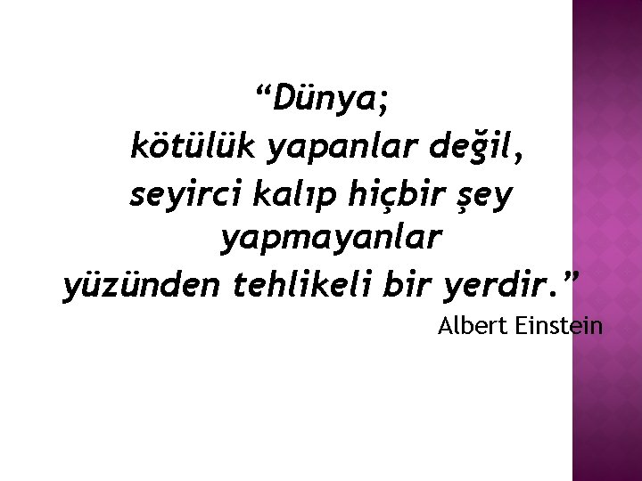 “Dünya; kötülük yapanlar değil, seyirci kalıp hiçbir şey yapmayanlar yüzünden tehlikeli bir yerdir. ”