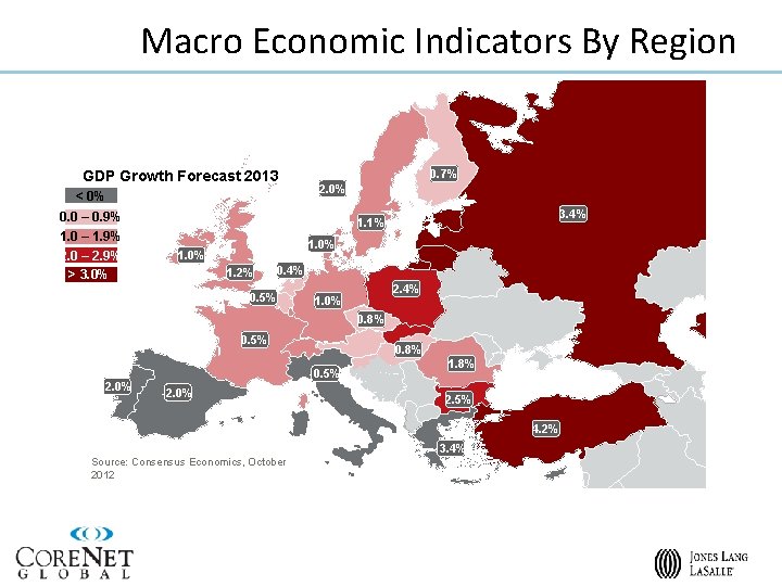 Macro Economic Indicators By Region GDP Growth Forecast 2013 < 0% 0. 0 –