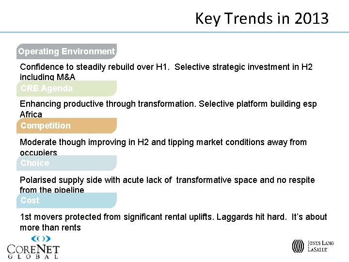 Key Trends in 2013 Operating Environment Confidence to steadily rebuild over H 1. Selective