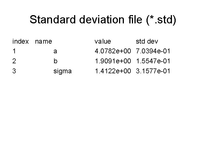 Standard deviation file (*. std) index name 1 a 2 b 3 sigma value