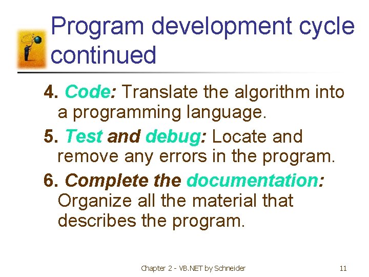 Program development cycle continued 4. Code: Translate the algorithm into a programming language. 5. Program development cycle continued 4. Code: Translate the algorithm into a programming language. 5.