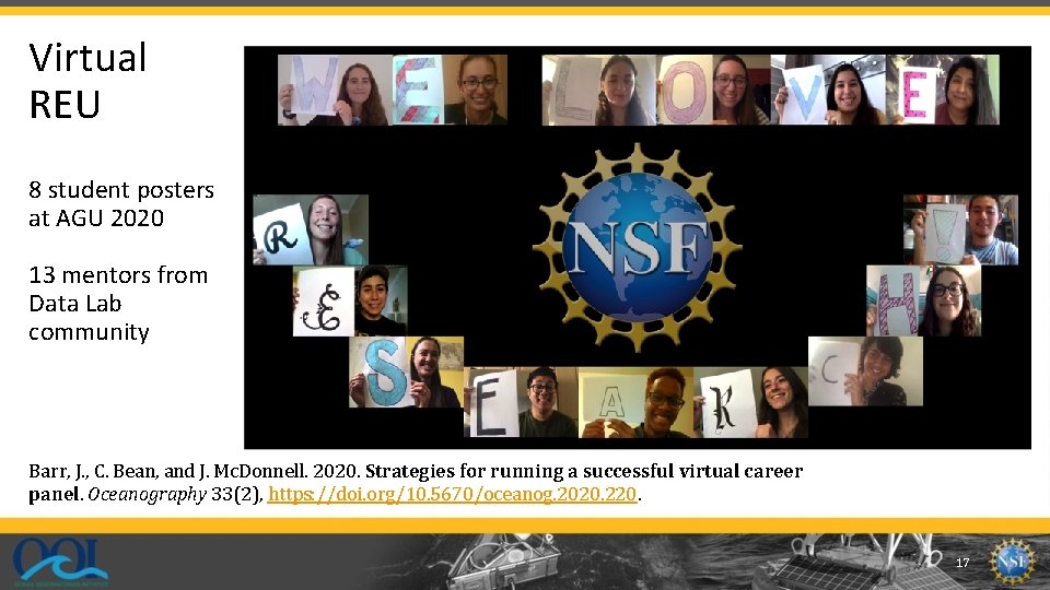 Virtual REU 8 student posters at AGU 2020 13 mentors from Data Lab community