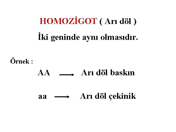 HOMOZİGOT ( Arı döl ) İki geninde aynı olmasıdır. Örnek : AA Arı döl