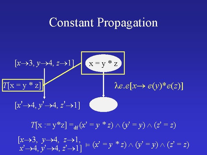 Constant Propagation [x 3, y 4, z 1] T[x = y * z] x=y*z
