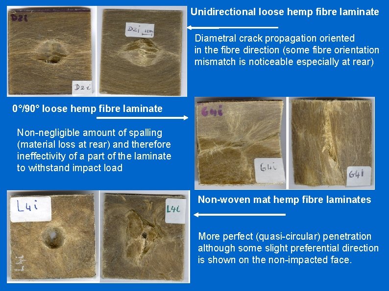 Unidirectional loose hemp fibre laminate Diametral crack propagation oriented in the fibre direction (some