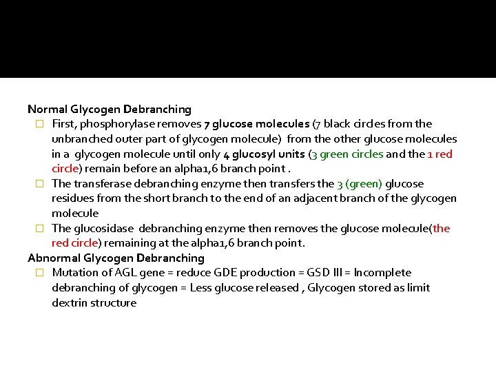 Normal Glycogen Debranching � First, phosphorylase removes 7 glucose molecules (7 black circles from