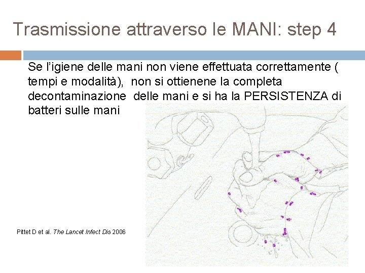 Trasmissione attraverso le MANI: step 4 Se l’igiene delle mani non viene effettuata correttamente