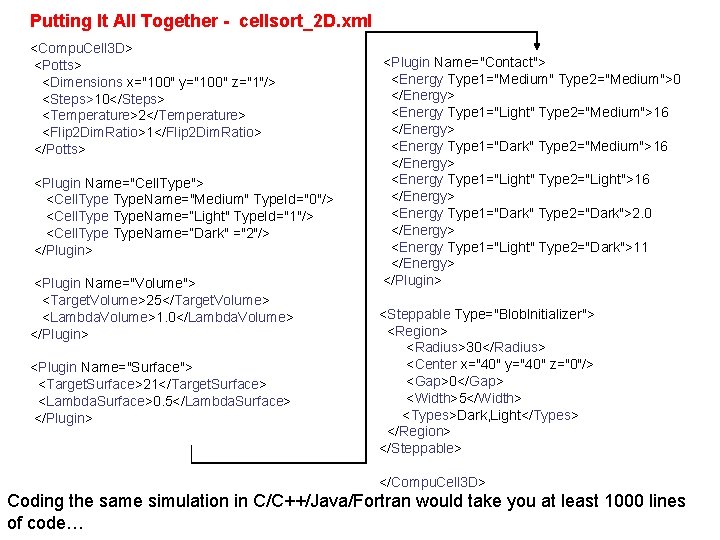 Putting It All Together - cellsort_2 D. xml <Compu. Cell 3 D> <Potts> <Dimensions