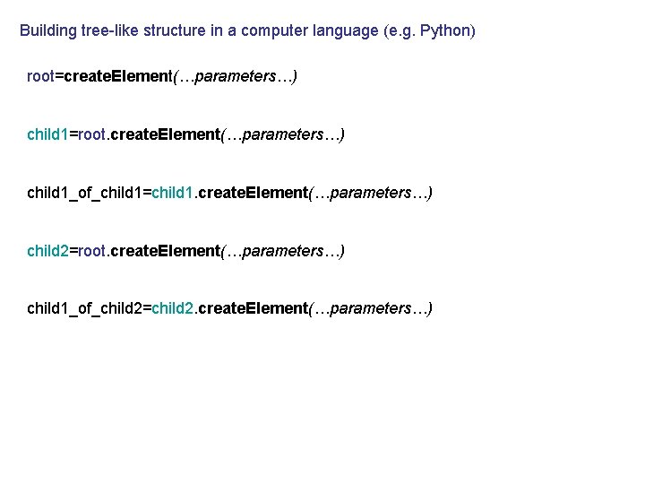 Building tree-like structure in a computer language (e. g. Python) root=create. Element(…parameters…) child 1=root.