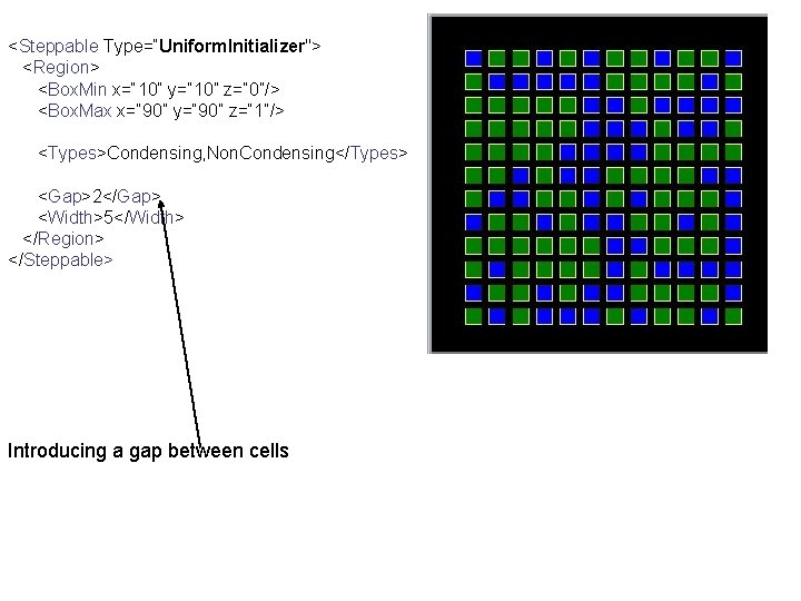 <Steppable Type=“Uniform. Initializer"> <Region> <Box. Min x=“ 10” y=“ 10” z=“ 0”/> <Box. Max