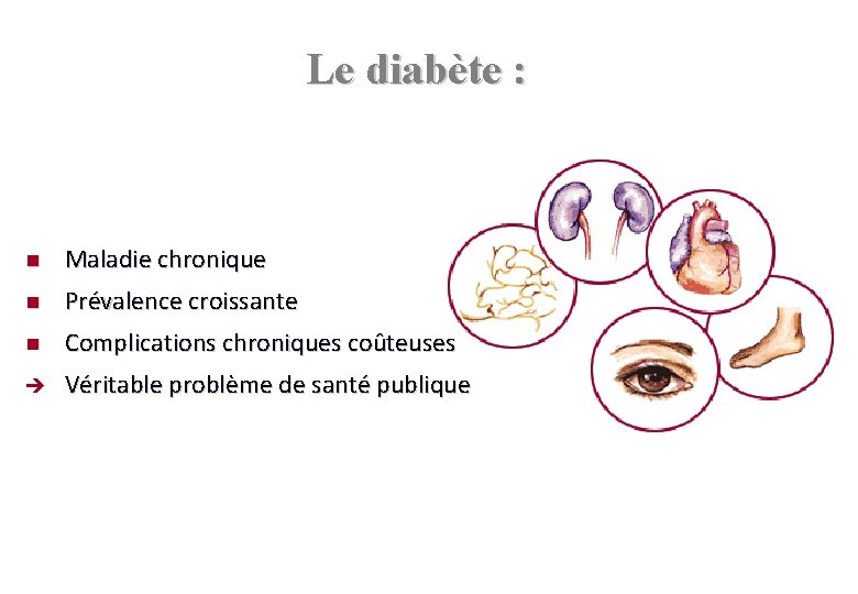 Le diabète : Maladie chronique Prévalence croissante Complications chroniques coûteuses Véritable problème de santé