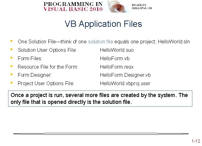 VB Application Files • • • One Solution File—think of one solution file equals