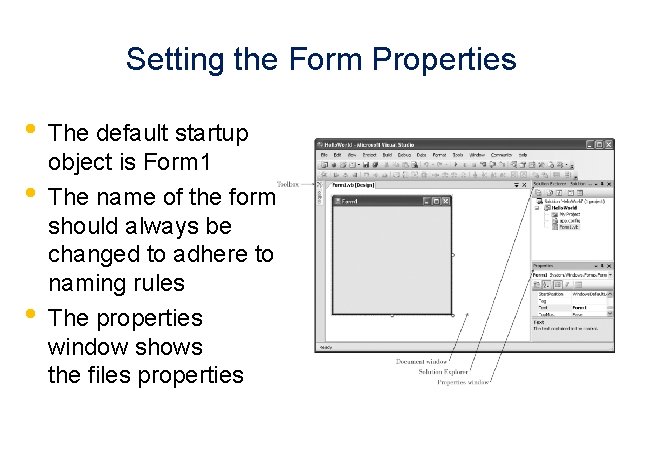 Setting the Form Properties • • • The default startup object is Form 1