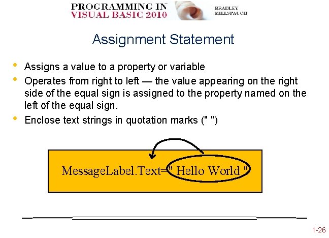Assignment Statement • • • Assigns a value to a property or variable Operates