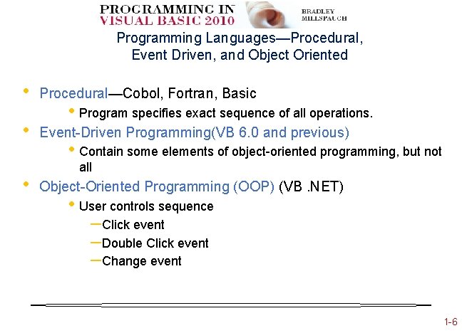 Programming Languages—Procedural, Event Driven, and Object Oriented • Procedural—Cobol, Fortran, Basic • Event-Driven Programming(VB