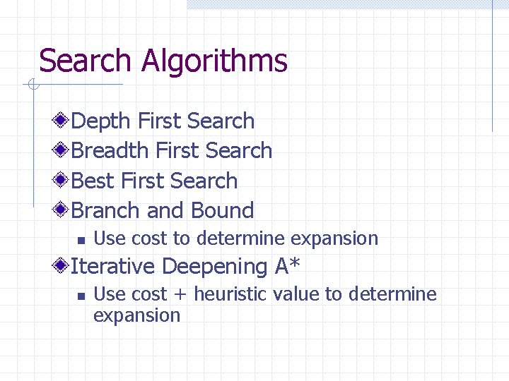 Search Algorithms Depth First Search Breadth First Search Best First Search Branch and Bound