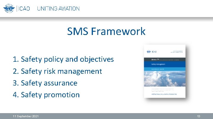 SMS Framework 1. Safety policy and objectives 2. Safety risk management 3. Safety assurance