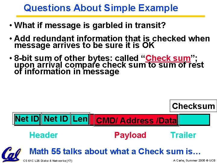 Questions About Simple Example • What if message is garbled in transit? • Add