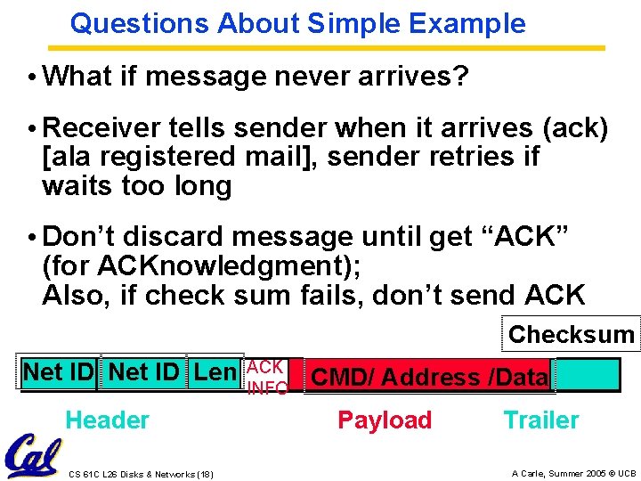 Questions About Simple Example • What if message never arrives? • Receiver tells sender