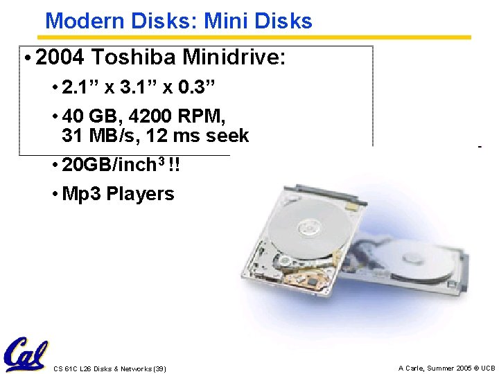 Modern Disks: Mini Disks • 2004 Toshiba Minidrive: • 2. 1” x 3. 1”
