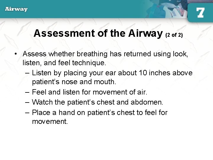 Assessment of the Airway (2 of 2) • Assess whether breathing has returned using