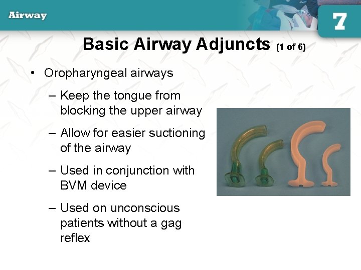 Basic Airway Adjuncts (1 of 6) • Oropharyngeal airways – Keep the tongue from