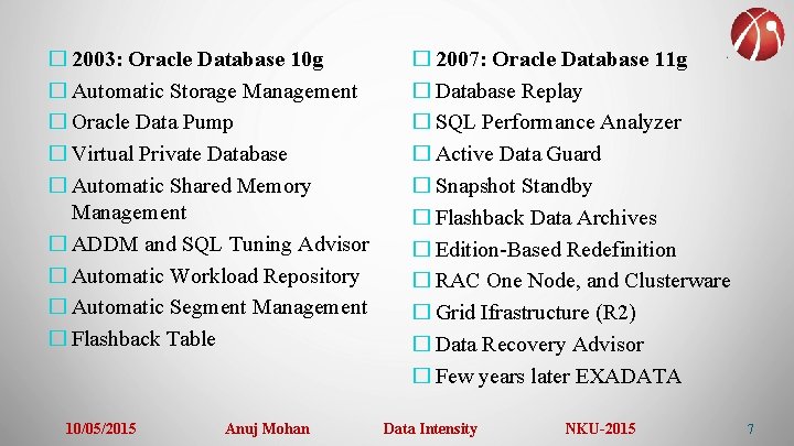 � 2003: Oracle Database 10 g � Automatic Storage Management � Oracle Data Pump