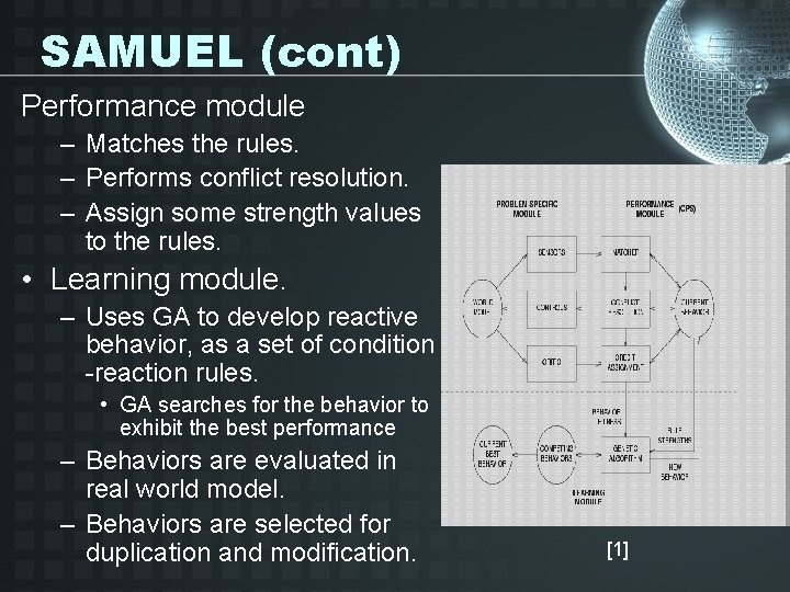 SAMUEL (cont) Performance module – Matches the rules. – Performs conflict resolution. – Assign