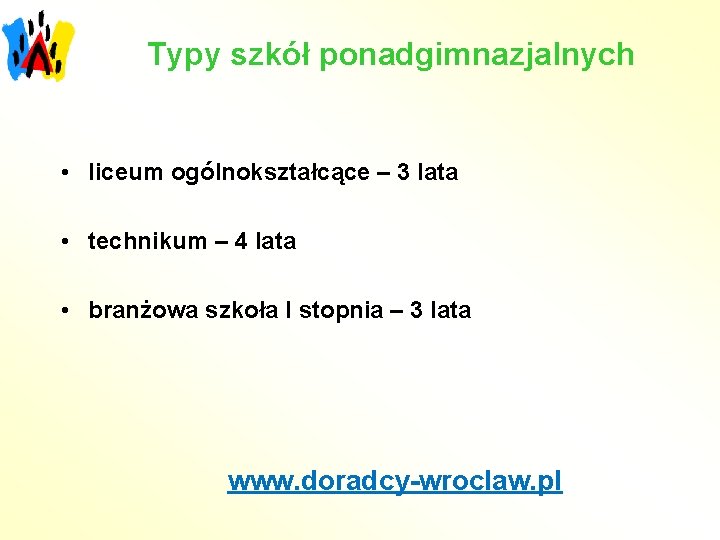 Typy szkół ponadgimnazjalnych • liceum ogólnokształcące – 3 lata • technikum – 4 lata