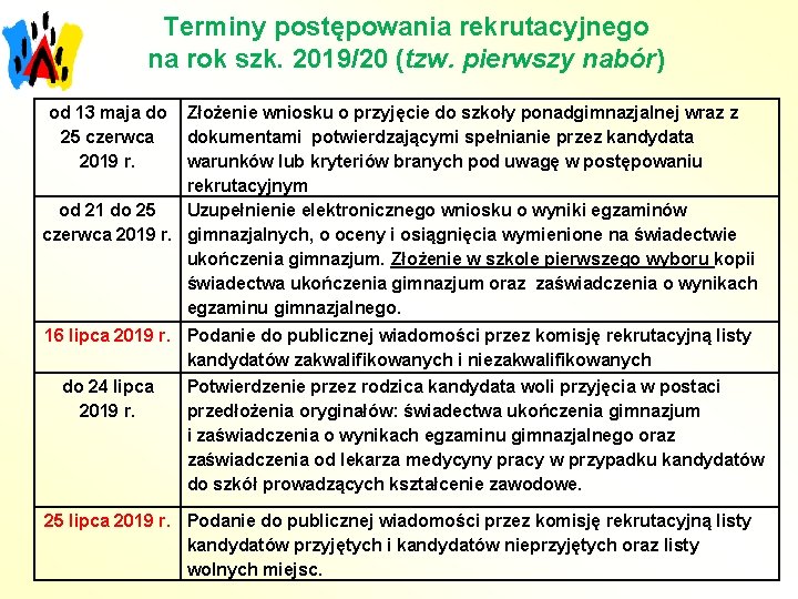 Terminy postępowania rekrutacyjnego na rok szk. 2019/20 (tzw. pierwszy nabór) od 13 maja do