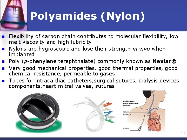 Polyamides (Nylon) n n n Flexibility of carbon chain contributes to molecular flexibility, low