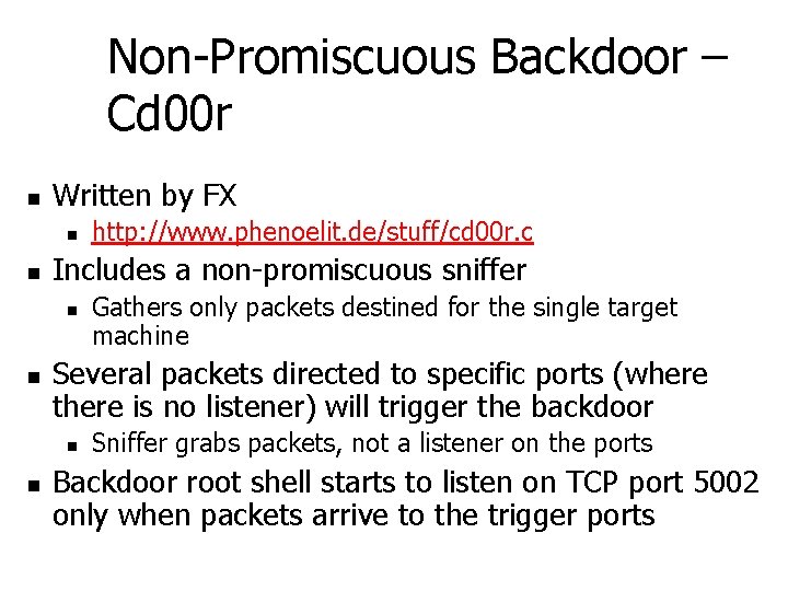 Non-Promiscuous Backdoor – Cd 00 r n Written by FX n n Includes a