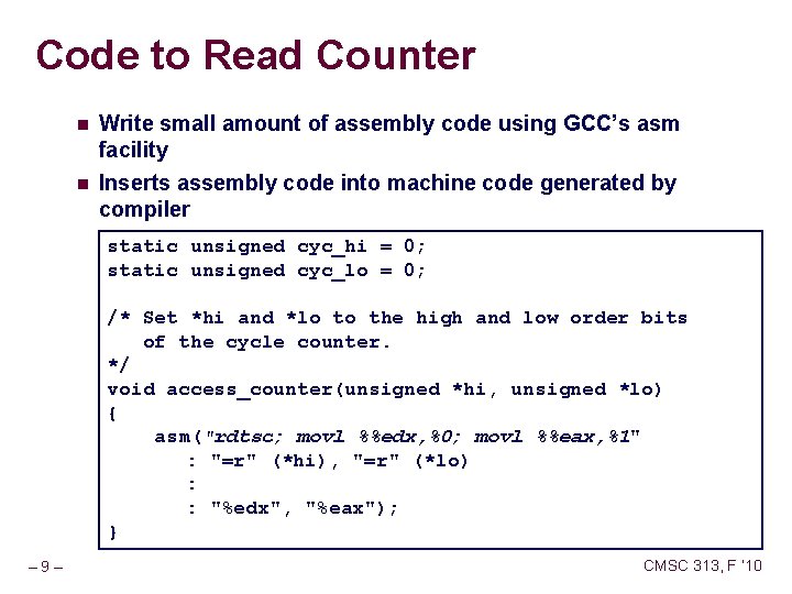 Code to Read Counter n Write small amount of assembly code using GCC’s asm