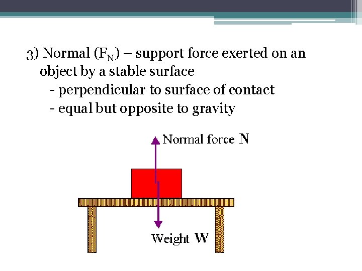3) Normal (FN) – support force exerted on an object by a stable surface