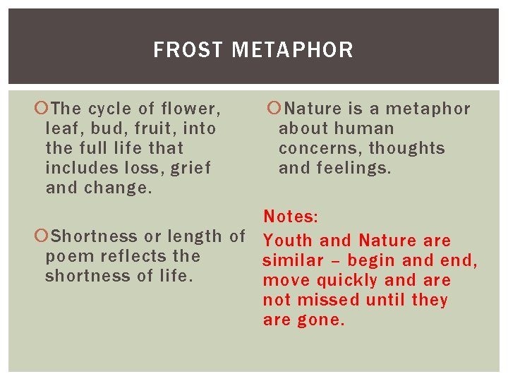 FROST METAPHOR The cycle of flower, leaf, bud, fruit, into the full life that