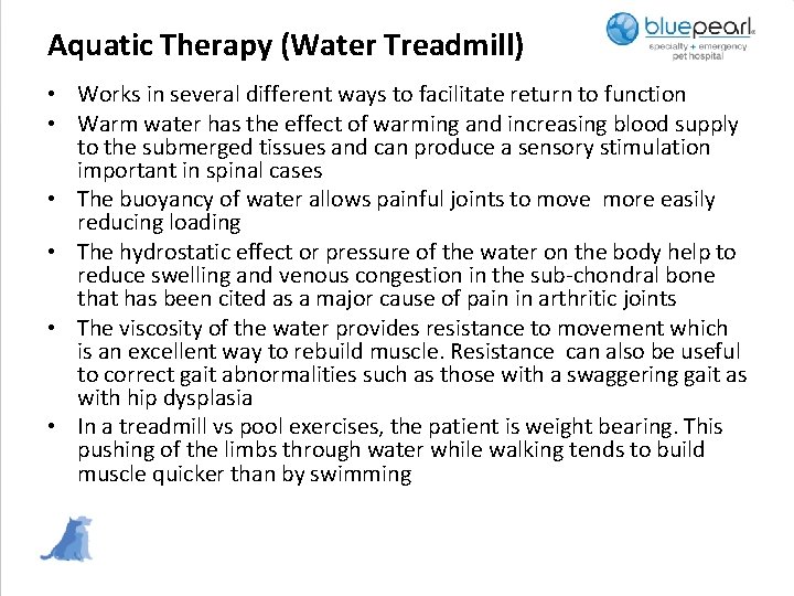 Aquatic Therapy (Water Treadmill) • Works in several different ways to facilitate return to