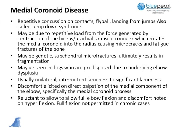 Medial Coronoid Disease • Repetitive concussion on contacts, flyball, landing from jumps Also called